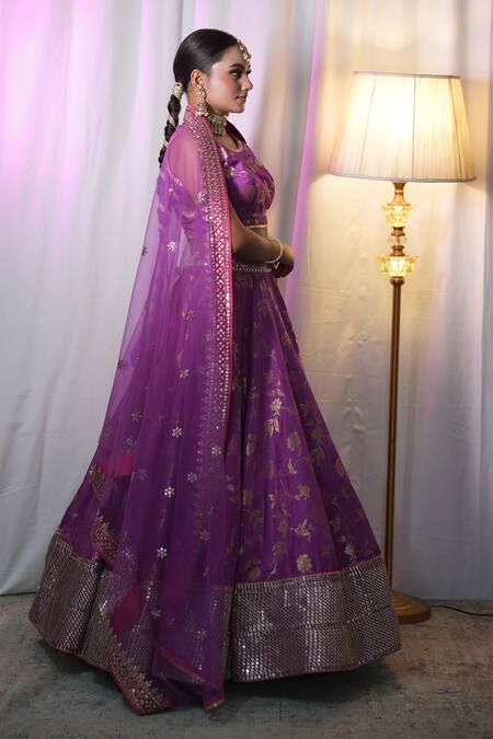 Shop_Studio Twelve 11_Purple Silk, Brocade, Net Embroidery, Sequins Round Neck Woven Lehenga Set _Online_at_Aza_Fashions