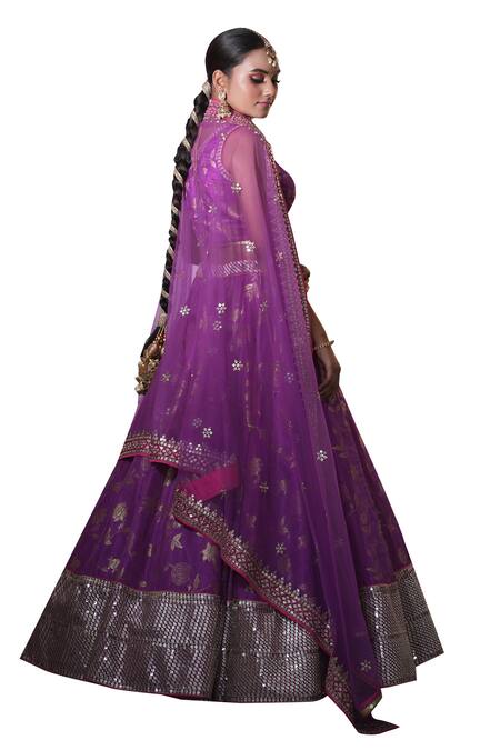 Studio Twelve 11_Purple Silk, Brocade, Net Embroidery, Sequins Round Neck Woven Lehenga Set _at_Aza_Fashions
