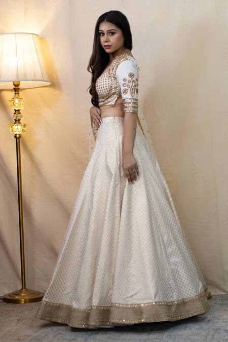 Shop Studio Twelve 11 Ivory Chanderi, Brocade, Net Embroidery, Sequins Woven Floral Lehenga Set Online at Aza Fashions Shop_Studio Twelve 11_Ivory Chanderi, Brocade, Net Embroidery, Sequins Woven Floral Lehenga Set _Online_at_Aza_Fashions