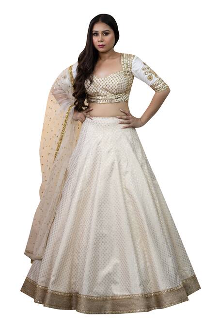 Studio Twelve 11 Ivory Chanderi, Brocade, Net Embroidery, Sequins Woven Floral Lehenga Set at Aza Fashions Studio Twelve 11_Ivory Chanderi, Brocade, Net Embroidery, Sequins Woven Floral Lehenga Set _at_Aza_Fashions