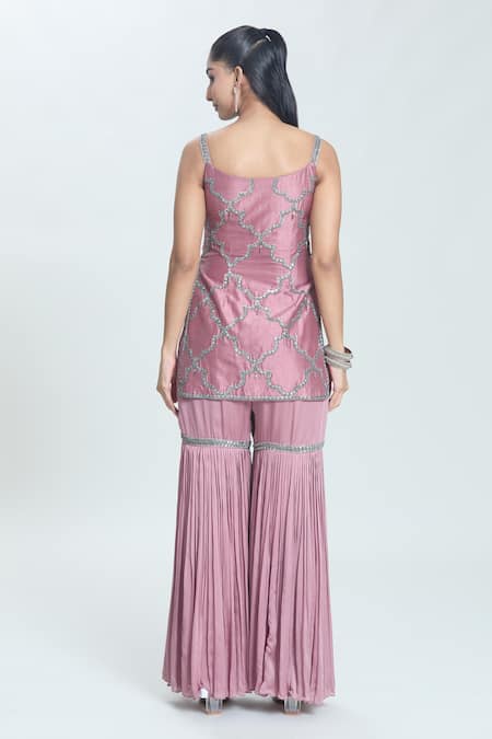 Shop Swati Wadhwani Couture Purple Silk, Satin, Georgette Maze Hand Embroidered Short Kurta Sharara Set at Aza Fashions Shop_Swati Wadhwani Couture_Purple Silk, Satin, Georgette Maze Hand Embroidered Short Kurta Sharara Set _at_Aza_Fashions