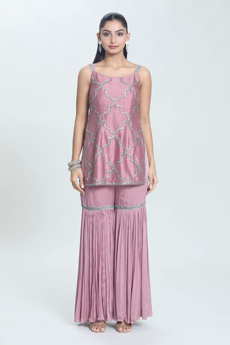 Swati Wadhwani Couture Purple Silk, Satin, Georgette Maze Hand Embroidered Short Kurta Sharara Set Online at Aza Fashions Swati Wadhwani Couture_Purple Silk, Satin, Georgette Maze Hand Embroidered Short Kurta Sharara Set _Online_at_Aza_Fashions