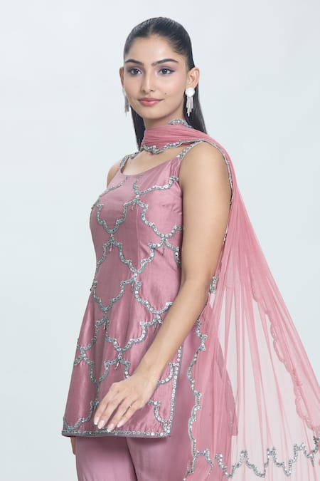 Swati Wadhwani Couture Purple Silk, Satin, Georgette Maze Hand Embroidered Short Kurta Sharara Set at Aza Fashions Swati Wadhwani Couture_Purple Silk, Satin, Georgette Maze Hand Embroidered Short Kurta Sharara Set _at_Aza_Fashions