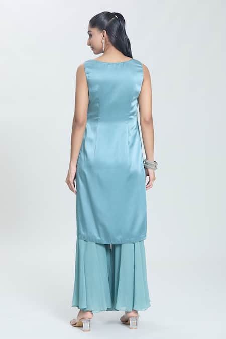 Shop Swati Wadhwani Couture Blue Georgette, Satin Beads, Sequins, Embroidery Aestral Hand Kurta Sharara Set at Aza Fashions Shop_Swati Wadhwani Couture_Blue Georgette, Satin Beads, Sequins, Embroidery Aestral Hand Kurta Sharara Set _at_Aza_Fashions