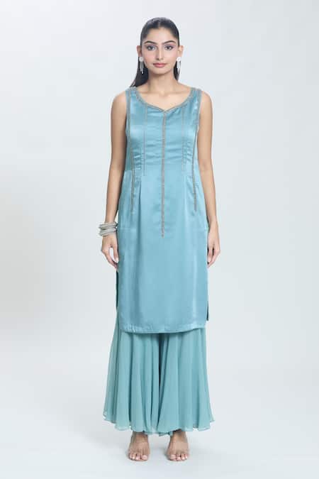 Swati Wadhwani Couture Blue Georgette, Satin Beads, Sequins, Embroidery Aestral Hand Kurta Sharara Set Online at Aza Fashions Swati Wadhwani Couture_Blue Georgette, Satin Beads, Sequins, Embroidery Aestral Hand Kurta Sharara Set _Online_at_Aza_Fashions