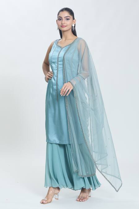 Buy Swati Wadhwani Couture Blue Georgette, Satin Beads, Sequins, Embroidery Aestral Hand Kurta Sharara Set Online at Aza Fashions Buy_Swati Wadhwani Couture_Blue Georgette, Satin Beads, Sequins, Embroidery Aestral Hand Kurta Sharara Set _Online_at_Aza_Fashions