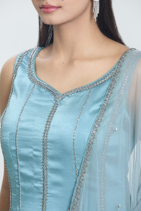 Swati Wadhwani Couture Blue Georgette, Satin Beads, Sequins, Embroidery Aestral Hand Kurta Sharara Set at Aza Fashions Swati Wadhwani Couture_Blue Georgette, Satin Beads, Sequins, Embroidery Aestral Hand Kurta Sharara Set _at_Aza_Fashions