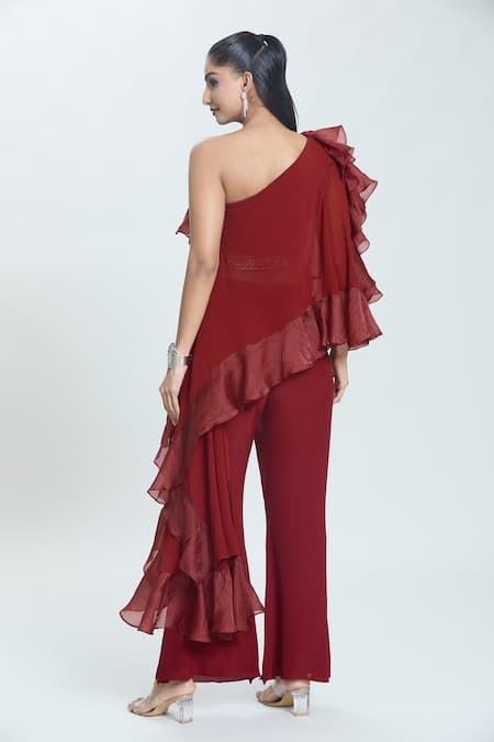 Shop Swati Wadhwani Couture Maroon Georgette Embroidery, Crystals Ruffle Detailed Kaftan With Pant at Aza Fashions Shop_Swati Wadhwani Couture_Maroon Georgette Embroidery, Crystals Ruffle Detailed Kaftan With Pant _at_Aza_Fashions