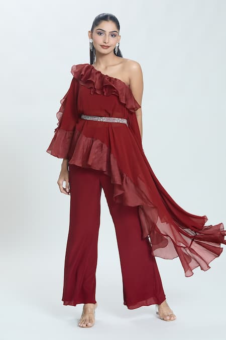 Swati Wadhwani Couture Maroon Georgette Embroidery, Crystals Ruffle Detailed Kaftan With Pant Online at Aza Fashions Swati Wadhwani Couture_Maroon Georgette Embroidery, Crystals Ruffle Detailed Kaftan With Pant _Online_at_Aza_Fashions