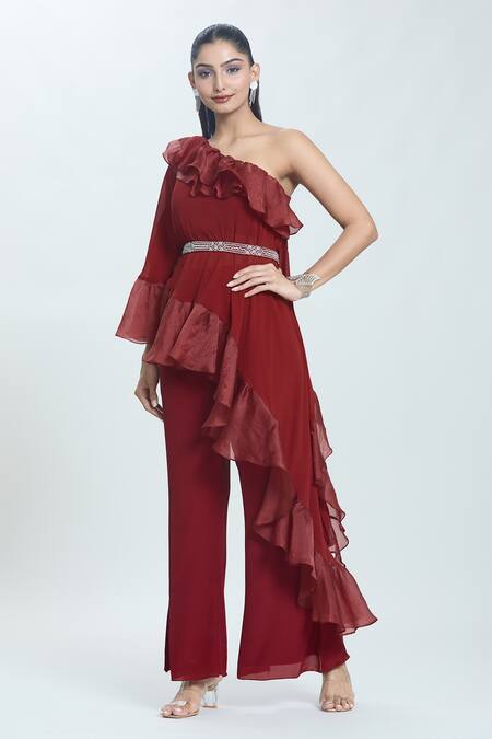 Shop Swati Wadhwani Couture Maroon Georgette Embroidery, Crystals Ruffle Detailed Kaftan With Pant Online at Aza Fashions Shop_Swati Wadhwani Couture_Maroon Georgette Embroidery, Crystals Ruffle Detailed Kaftan With Pant _Online_at_Aza_Fashions