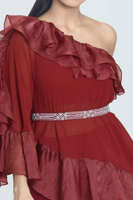 Swati Wadhwani Couture Maroon Georgette Embroidery, Crystals Ruffle Detailed Kaftan With Pant at Aza Fashions Swati Wadhwani Couture_Maroon Georgette Embroidery, Crystals Ruffle Detailed Kaftan With Pant _at_Aza_Fashions