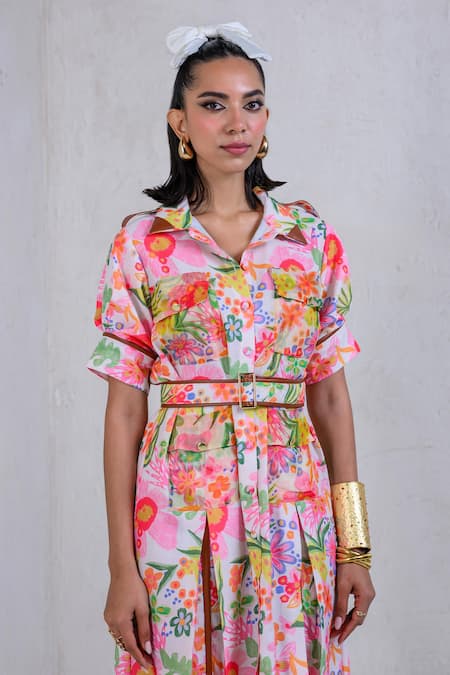 The Dramebaaz CO_White Art Twill Printed Floral Collar Petal Paradise A-line Dress _Online_at_Aza_Fashions