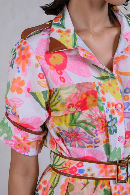 Buy_The Dramebaaz CO_White Art Twill Printed Floral Collar Petal Paradise A-line Dress _Online_at_Aza_Fashions