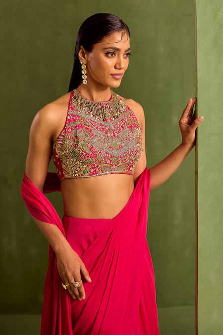 Buy Neha Khullar Pink Crepe, Viscose Solid Pre-draped Saree With Dabka Embroidered Blouse Online at Aza Fashions Buy_Neha Khullar_Pink Crepe, Viscose Solid Pre-draped Saree With Dabka Embroidered Blouse _Online_at_Aza_Fashions