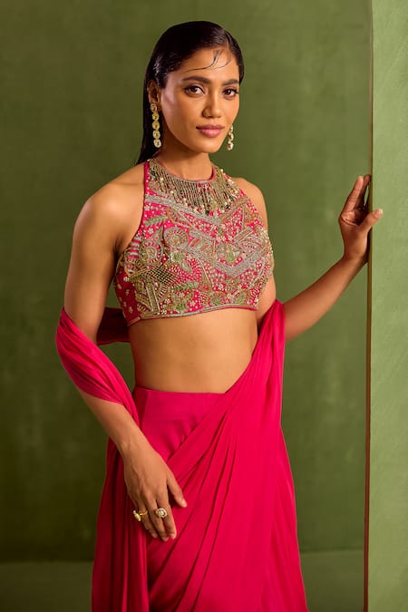 Shop Neha Khullar Pink Crepe, Viscose Solid Pre-draped Saree With Dabka Embroidered Blouse Online at Aza Fashions Shop_Neha Khullar_Pink Crepe, Viscose Solid Pre-draped Saree With Dabka Embroidered Blouse _Online_at_Aza_Fashions