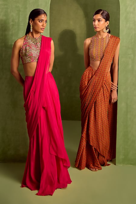 Neha Khullar Pink Crepe, Viscose Solid Pre-draped Saree With Dabka Embroidered Blouse at Aza Fashions Neha Khullar_Pink Crepe, Viscose Solid Pre-draped Saree With Dabka Embroidered Blouse _at_Aza_Fashions