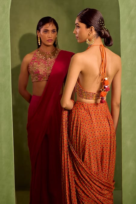 Buy Neha Khullar Pink Crepe, Viscose Solid Pre-draped Saree With Dabka Embroidered Blouse Buy_Neha Khullar_Pink Crepe, Viscose Solid Pre-draped Saree With Dabka Embroidered Blouse