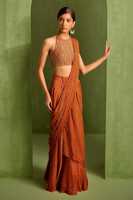 Neha Khullar Orange Viscose Chinon Geometric Printed Pre-draped Saree With Embroidered Blouse