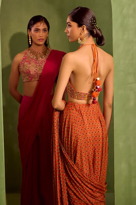 Buy_Neha Khullar_Orange Crepe, Viscose Geometric Printed Pre-draped Saree With Embroidered Blouse _Online_at_Aza_Fashions