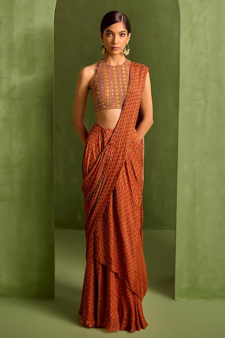 Shop_Neha Khullar_Orange Crepe, Viscose Geometric Printed Pre-draped Saree With Embroidered Blouse _Online_at_Aza_Fashions