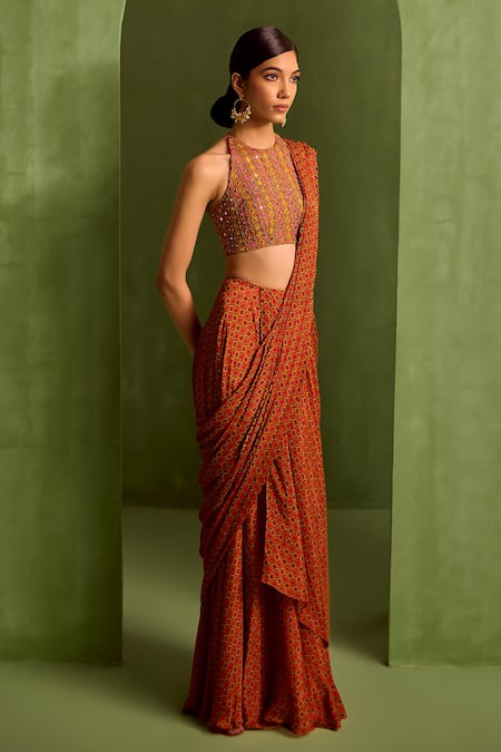 Neha Khullar_Orange Crepe, Viscose Geometric Printed Pre-draped Saree With Embroidered Blouse _at_Aza_Fashions
