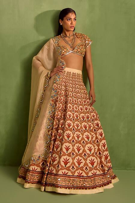 Neha Khullar Orange Viscose Raw Silk Embellished Bead Floral Mughal Printed Lehenga Set 