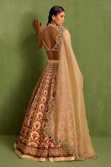 Neha Khullar_Orange Organza, Viscose, Crepe Beads, Mirrors Floral Mughal Printed Lehenga Set _Online_at_Aza_Fashions