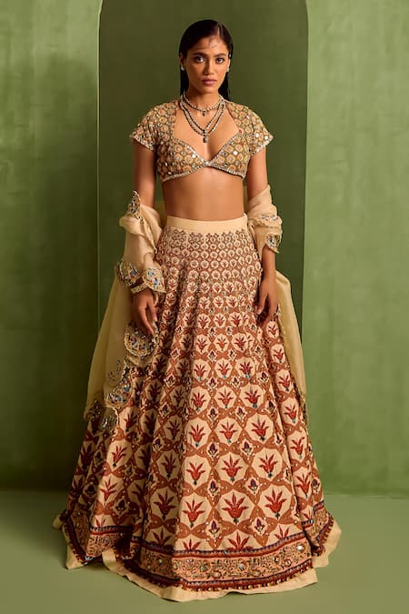 Buy_Neha Khullar_Orange Organza, Viscose, Crepe Beads, Mirrors Floral Mughal Printed Lehenga Set _Online_at_Aza_Fashions