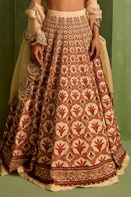 Shop_Neha Khullar_Orange Organza, Viscose, Crepe Beads, Mirrors Floral Mughal Printed Lehenga Set _Online_at_Aza_Fashions