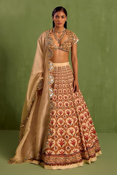 Neha Khullar_Orange Organza, Viscose, Crepe Beads, Mirrors Floral Mughal Printed Lehenga Set _at_Aza_Fashions