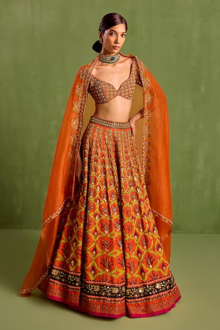 Neha Khullar Orange Viscose Raw Silk Embellished Floral Geometric Mughal Printed Lehenga Set