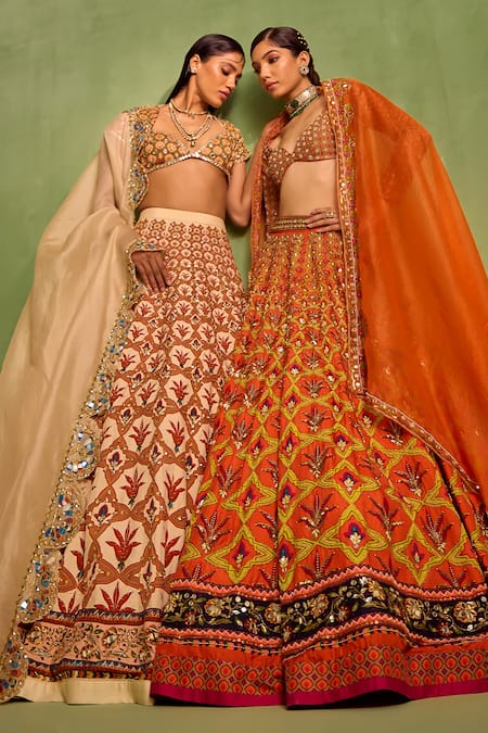 Buy Neha Khullar Orange Organza, Viscose, Crepe, Silk Floral Geometric Mughal Printed Lehenga Set Online at Aza Fashions Buy_Neha Khullar_Orange Organza, Viscose, Crepe, Silk Floral Geometric Mughal Printed Lehenga Set _Online_at_Aza_Fashions