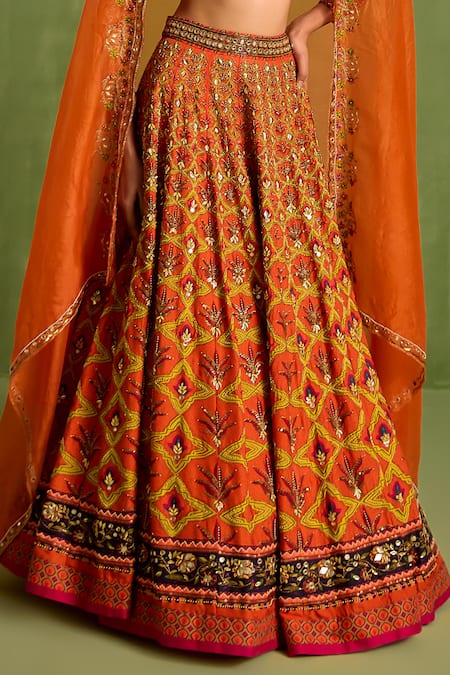 Shop Neha Khullar Orange Organza, Viscose, Crepe, Silk Floral Geometric Mughal Printed Lehenga Set Online at Aza Fashions Shop_Neha Khullar_Orange Organza, Viscose, Crepe, Silk Floral Geometric Mughal Printed Lehenga Set _Online_at_Aza_Fashions