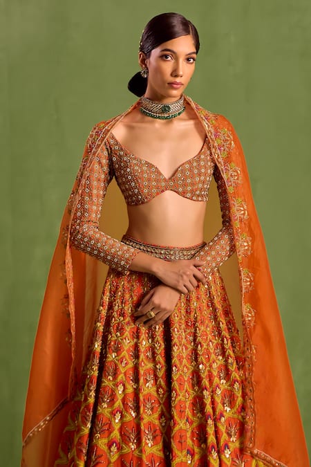 Neha Khullar Orange Organza, Viscose, Crepe, Silk Floral Geometric Mughal Printed Lehenga Set at Aza Fashions Neha Khullar_Orange Organza, Viscose, Crepe, Silk Floral Geometric Mughal Printed Lehenga Set _at_Aza_Fashions