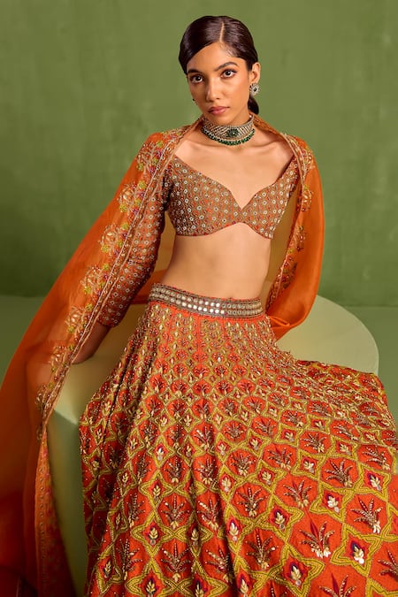 Buy Neha Khullar Orange Organza, Viscose, Crepe, Silk Floral Geometric Mughal Printed Lehenga Set Buy_Neha Khullar_Orange Organza, Viscose, Crepe, Silk Floral Geometric Mughal Printed Lehenga Set