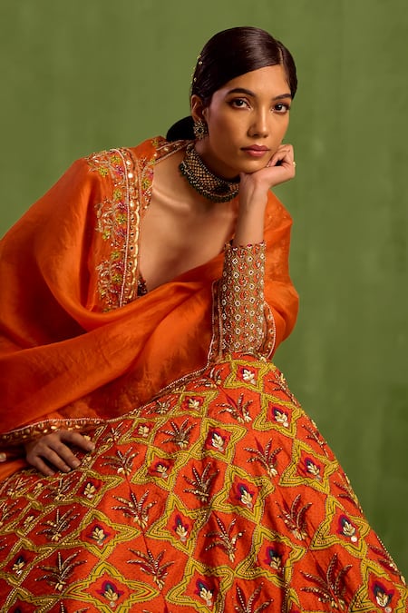 Shop Neha Khullar Orange Organza, Viscose, Crepe, Silk Floral Geometric Mughal Printed Lehenga Set Shop_Neha Khullar_Orange Organza, Viscose, Crepe, Silk Floral Geometric Mughal Printed Lehenga Set