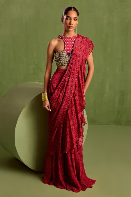 Neha Khullar Pink Viscose Chinon Printed Pre-draped Ruffle Saree With Cut-out Blouse