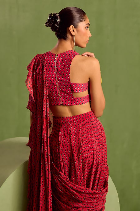 Neha Khullar Printed Pre-Draped Ruffle Saree With Cut-Out Blouse 