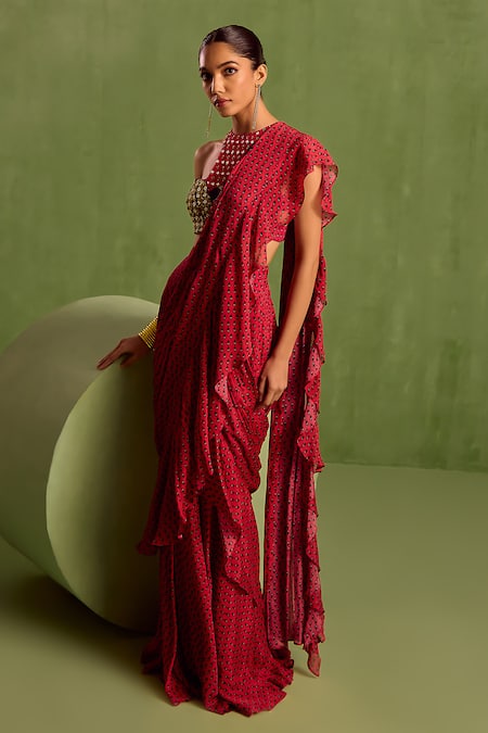 Buy_Neha Khullar_Pink Viscose, Crepe Beads Printed Pre-draped Ruffle Saree With Cut-out Blouse _Online_at_Aza_Fashions