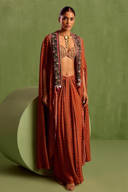 Neha Khullar Orange Viscose Chinon Embellished Bead Cape Geometric Printed Draped Skirt Set