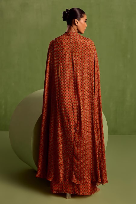 Neha Khullar_Orange Viscose, Crepe Beads, Mirrors Geometric Printed Draped Skirt Cape Set _Online_at_Aza_Fashions