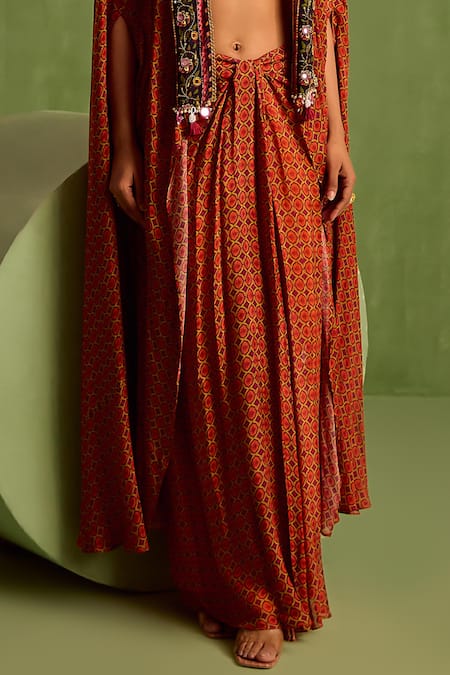 Buy_Neha Khullar_Orange Viscose, Crepe Beads, Mirrors Geometric Printed Draped Skirt Cape Set _Online_at_Aza_Fashions