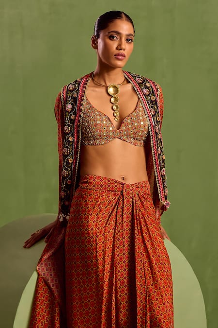 Shop_Neha Khullar_Orange Viscose, Crepe Beads, Mirrors Geometric Printed Draped Skirt Cape Set _Online_at_Aza_Fashions