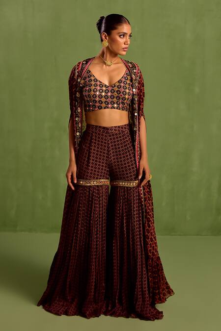 Neha Khullar_Black Viscose Beads, Mirrors Geometric Printed Asymmetric Cape Gharara Set _Online_at_Aza_Fashions