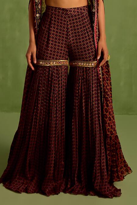 Buy_Neha Khullar_Black Viscose Beads, Mirrors Geometric Printed Asymmetric Cape Gharara Set _Online_at_Aza_Fashions