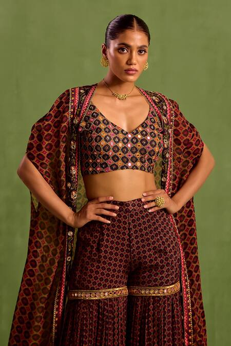 Shop_Neha Khullar_Black Viscose Beads, Mirrors Geometric Printed Asymmetric Cape Gharara Set _Online_at_Aza_Fashions