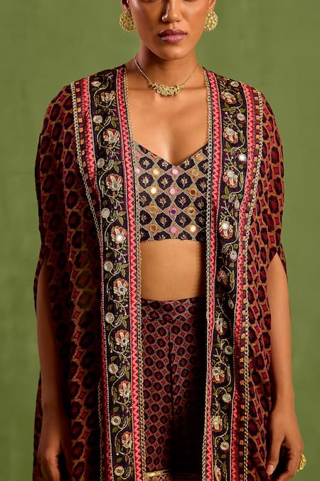 Neha Khullar_Black Viscose Beads, Mirrors Geometric Printed Asymmetric Cape Gharara Set _at_Aza_Fashions