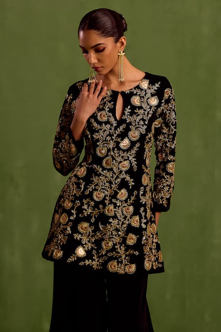 Buy Neha Khullar Black Velvet, Crepe Sequins, Beads Keyhole Dabka Embroidered Kurta With Sharara Online at Aza Fashions Buy_Neha Khullar_Black Velvet, Crepe Sequins, Beads Keyhole Dabka Embroidered Kurta With Sharara _Online_at_Aza_Fashions