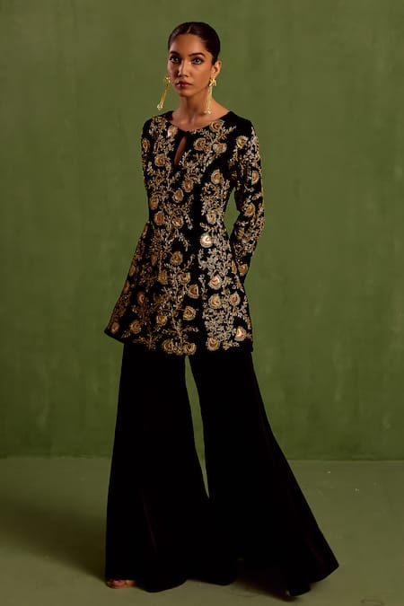 Shop Neha Khullar Black Velvet, Crepe Sequins, Beads Keyhole Dabka Embroidered Kurta With Sharara Online at Aza Fashions Shop_Neha Khullar_Black Velvet, Crepe Sequins, Beads Keyhole Dabka Embroidered Kurta With Sharara _Online_at_Aza_Fashions