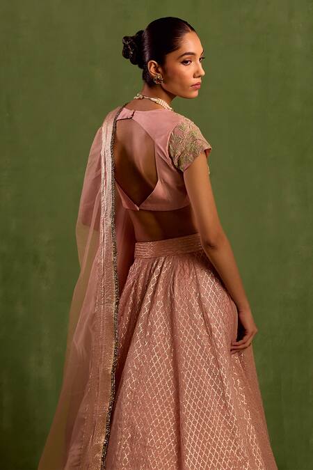 Buy_Neha Khullar_Pink Organza, Chanderi Silk Lace V-neck Geometric Jaal Woven Lehenga Set 
